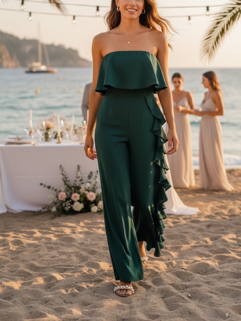 Summer Gianni bini Strapless Emerald Green Ruffle Jumpsuit
